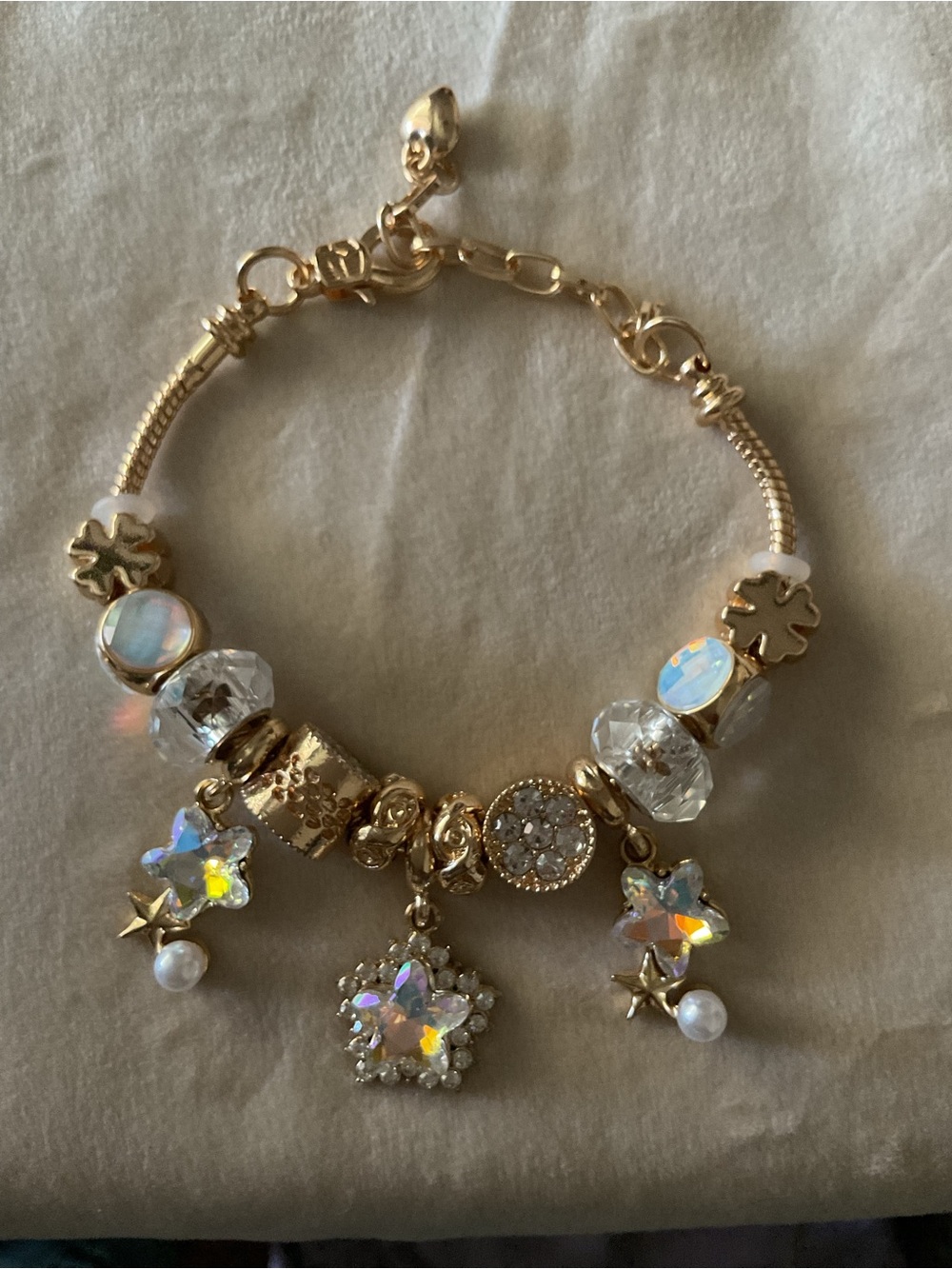 Gold-Tone Cable w/ Extender Crystal Star Charm Bracelet Iridescent White & Gold